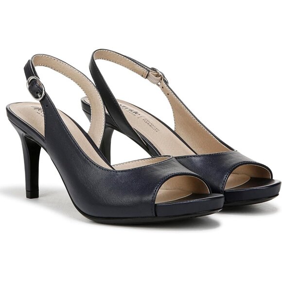 LifeStride Womens Lux Navy Faux Leather Slingback Peep Toe Pumps Heeled Sandal - Picture 7 of 9